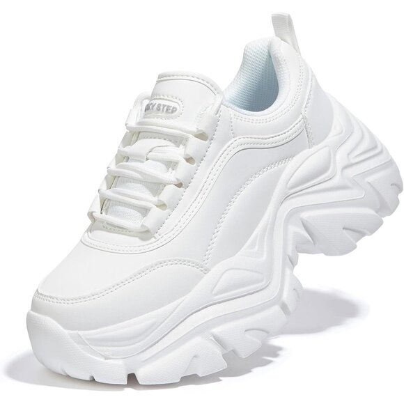 Women's White Chunky Rubber Platform Casual Lace-Up Walking Sneaker Shoes - Picture 1 of 9